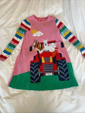 Mini Boden Pink & Green Tractor Farm Animal Appliqué Dress